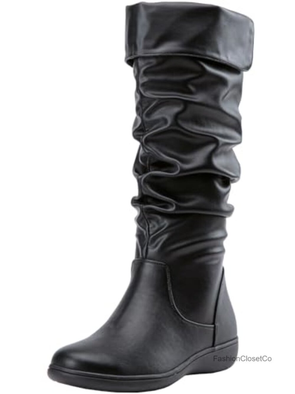 Women's Knee High Slouch Flat Boots Faux Leather Suede Pull On